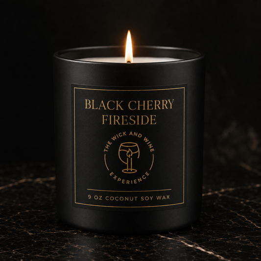 Black Cherry & Fireside 9 oz coconut soy wax candle in matte black jar with gold label