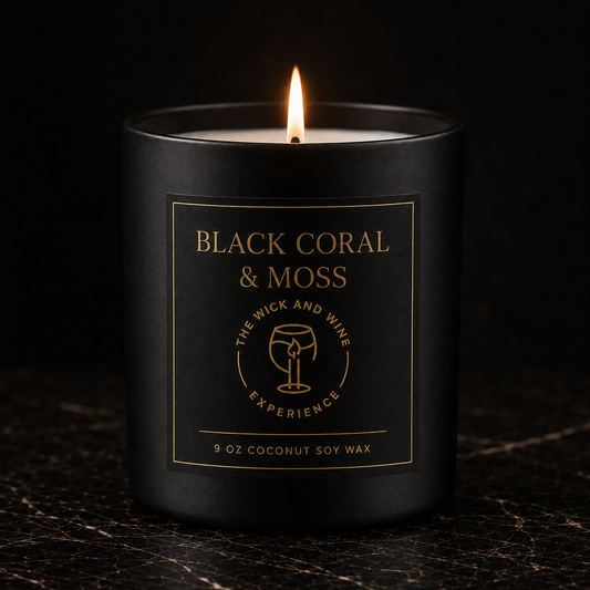 Black Coral & Moss 9 oz coconut soy wax candle in matte black jar with gold label