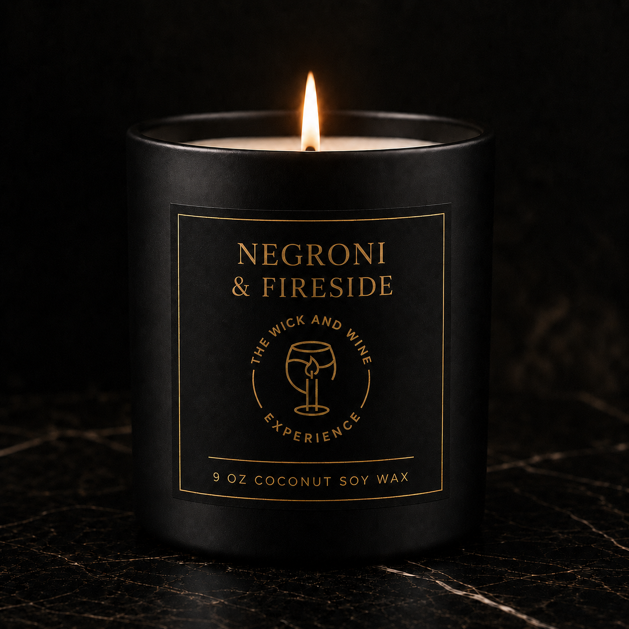 Negroni & Fireside 9 oz coconut soy wax candle in matte black jar with gold label