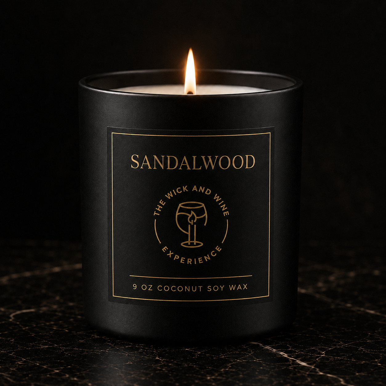 Sandalwood 9 oz coconut soy wax candle in matte black jar with gold label