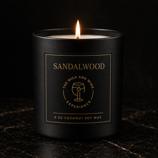 Sandalwood 9 oz coconut soy wax candle in matte black jar with gold label