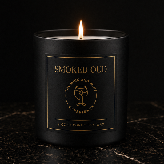 Smoked Oud 9 oz coconut soy wax candle in matte black jar with gold label