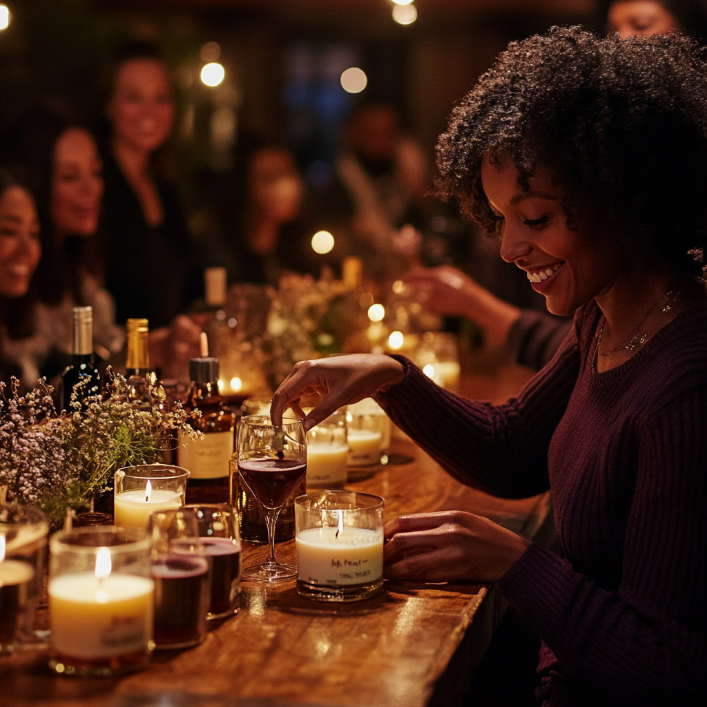 Guests enjoying a Wick & Wine candle-making experience